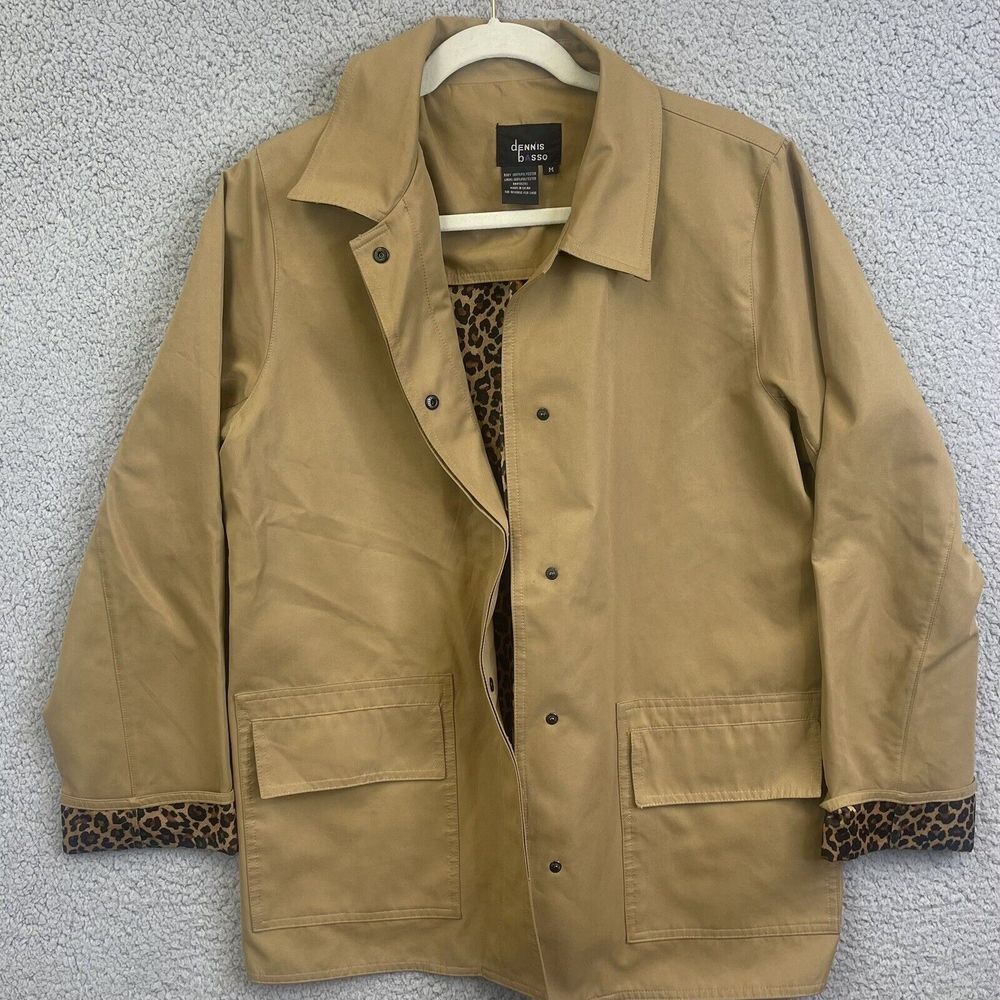 Dennis Basso Womens Tan Raincoat w/ Leopard Lining & Cuff  Button Front Size Med